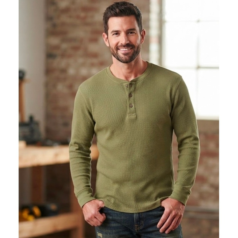 40 Grit Duluth Trading Co Mens Large Thermal Henley Shirt Green Waffle Knit New